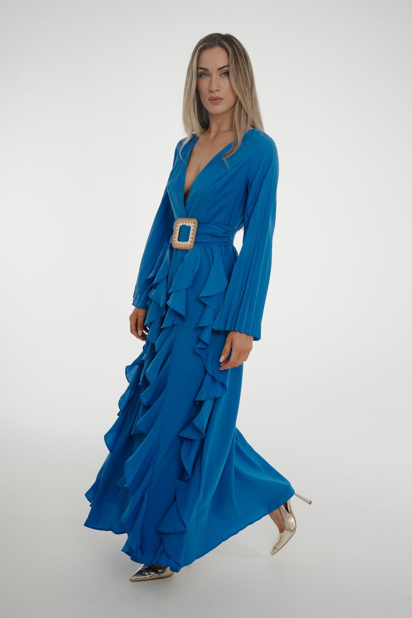 Taylor Belted Ruffle Dress In Blue - The Walk in Wardrobe
