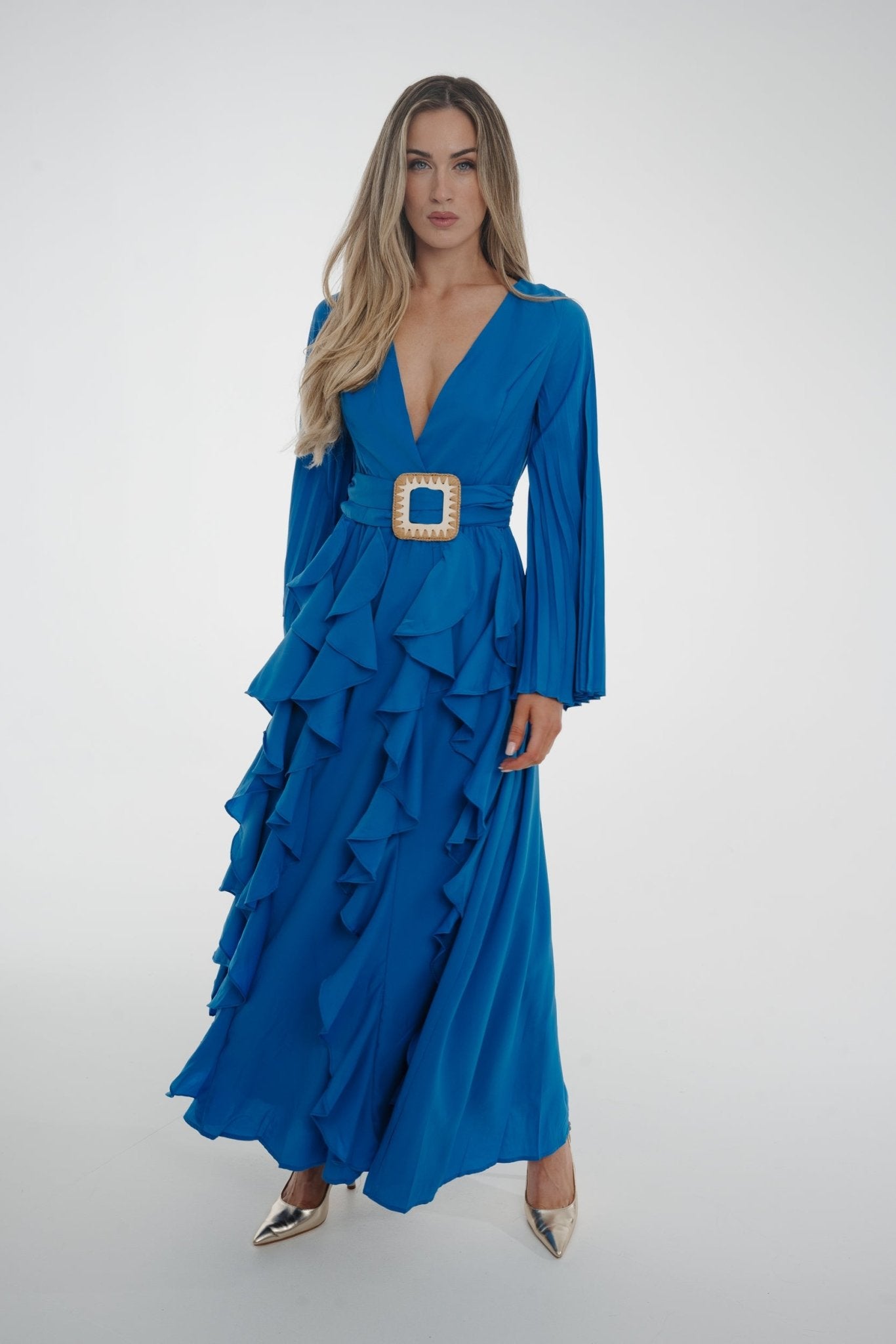 Taylor Belted Ruffle Dress In Blue - The Walk in Wardrobe