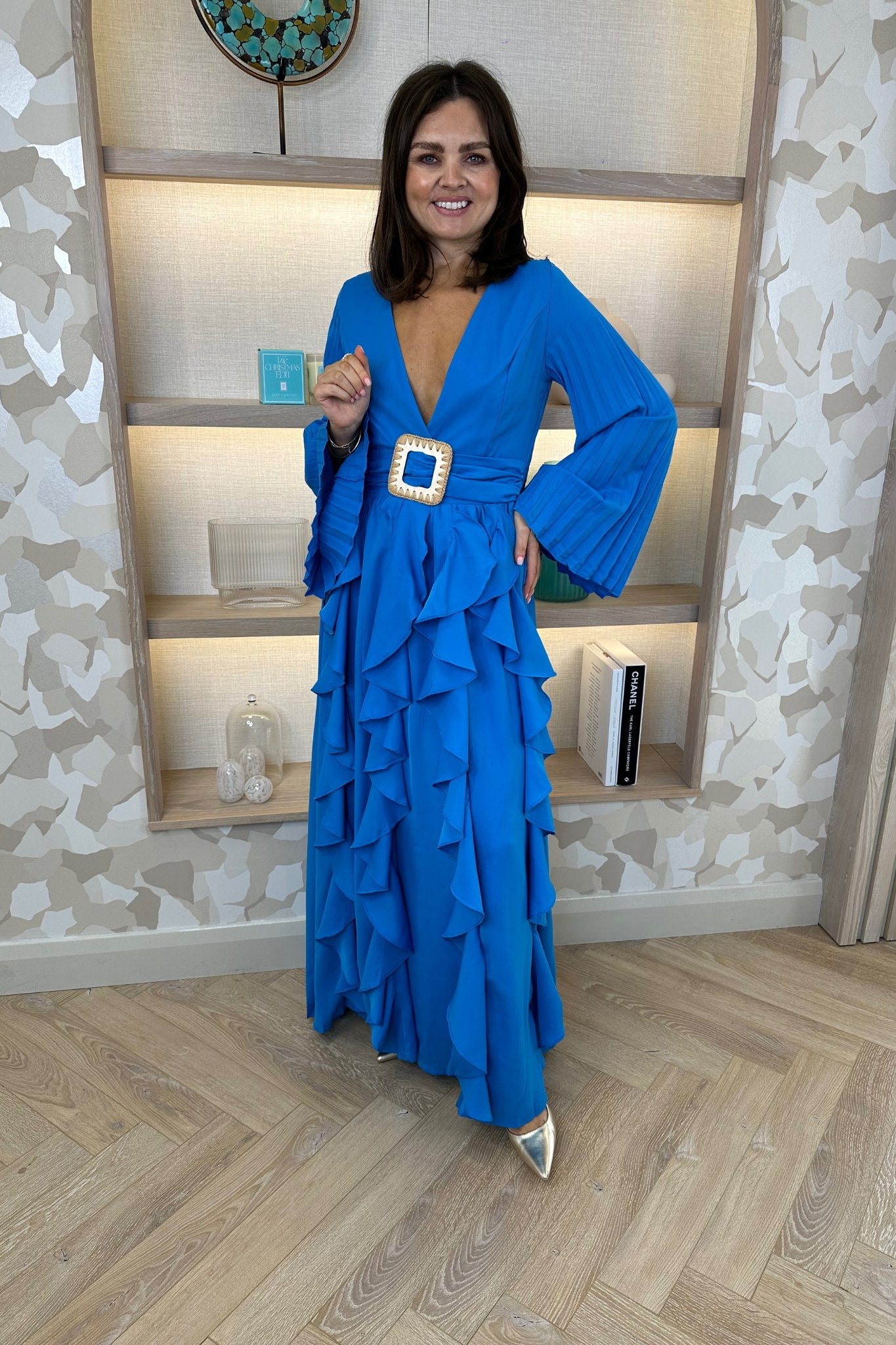 Taylor Belted Ruffle Dress In Blue - The Walk in Wardrobe